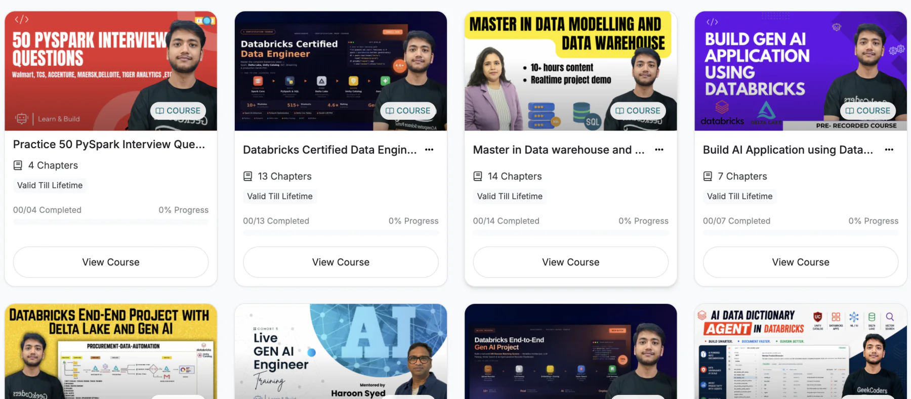 The GeekCoders course portal showing all eight Databricks Zero to Expert courses, with chapter counts and lifetime validity on each.