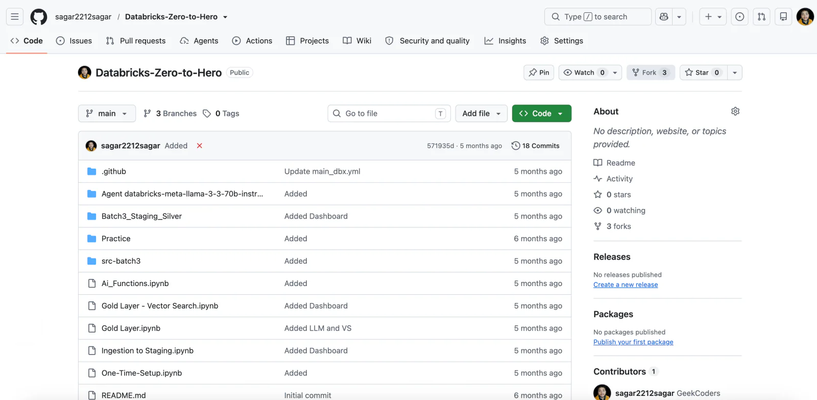 The public Databricks-Zero-to-Hero GitHub repository with notebooks for ingestion, gold layer and vector search, and 18 commits.